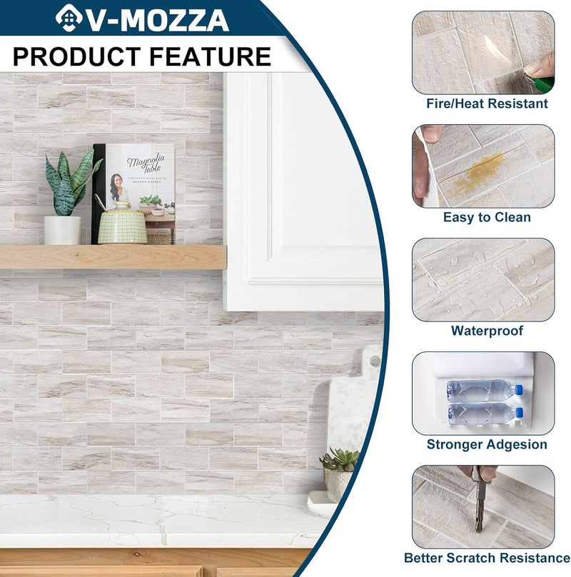 V-MOZZA Peel and Stick Backsplash, 20-Sheet Peel and Stick Wall Tiles 13.5" x 5.8" PVC Subway Tile Stick on Backsplash for Kitchen Fireplace (Beige Sandstone Texture) - Image 3